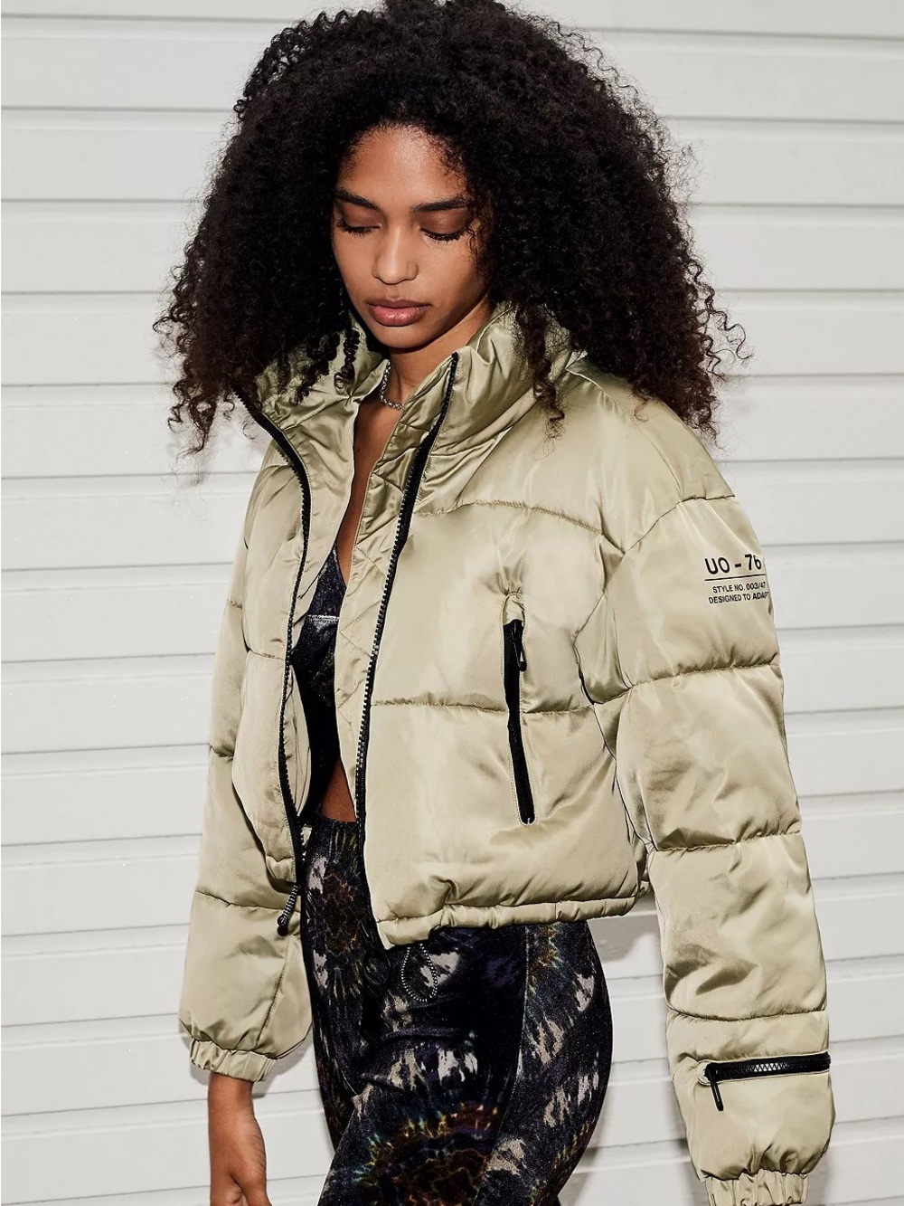 Urban Outfitters BDG Satin Cropped Puffer Jacket Khaki Beige Size XS